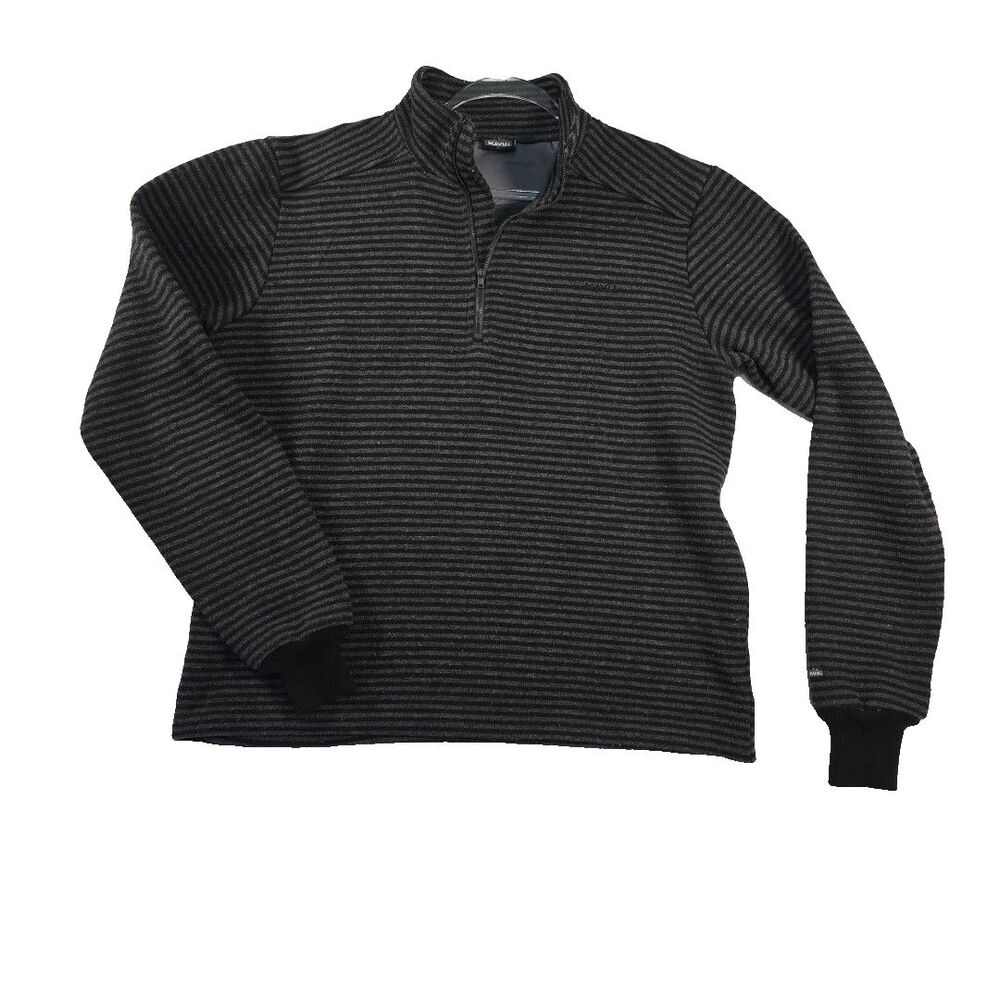 Kavu Pullover 1/4 Zip Sweater Wool Blend Men's L Striped Grey Black Outdoor Hike